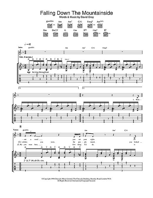 Learn to play David Gray Falling Down The Mountainside sheet music for Guitar Tab in minutes. David Gray Falling Down The Mountainside sheet music notes and chords. Download Printable PDF.