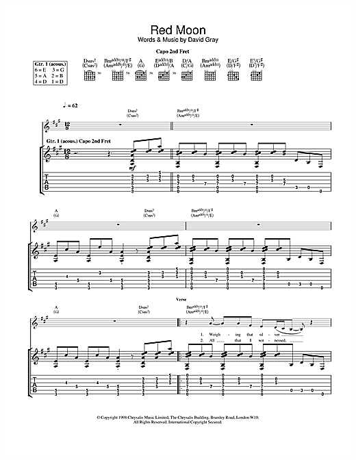 Learn to play David Gray Red Moon sheet music for Guitar Tab in minutes. David Gray Red Moon sheet music notes and chords. Download Printable PDF.