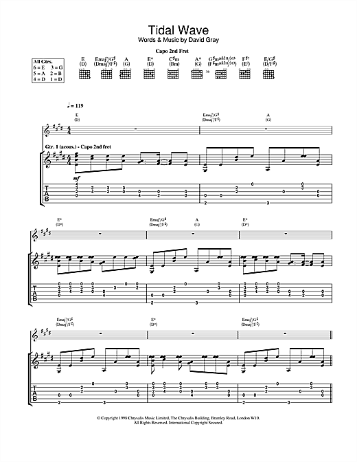 Learn to play David Gray Tidal Wave sheet music for Guitar Tab in minutes. David Gray Tidal Wave sheet music notes and chords. Download Printable PDF.