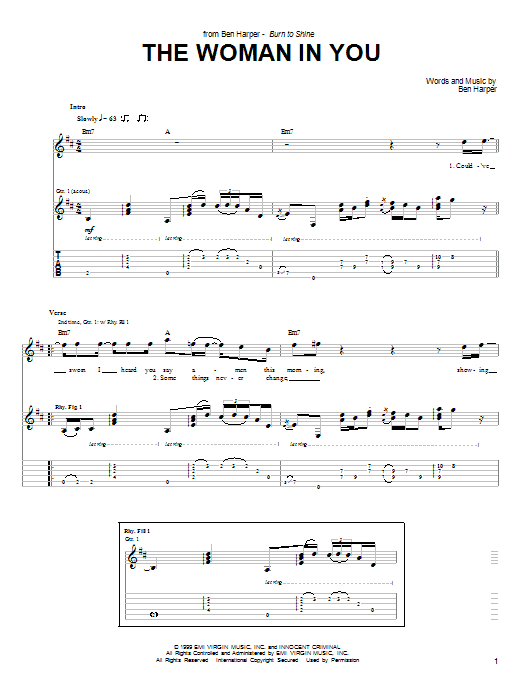 Learn to play Ben Harper & The Innocent Criminals The Woman In You sheet music for Guitar Tab in minutes. Ben Harper & The Innocent Criminals The Woman In You sheet music notes and chords. Download Printable PDF.