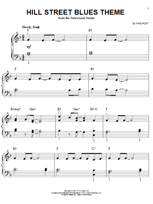 Learn to play Mike Post Hill Street Blues Theme sheet music for Easy Piano in minutes. Mike Post Hill Street Blues Theme sheet music notes and chords. Download Printable PDF.