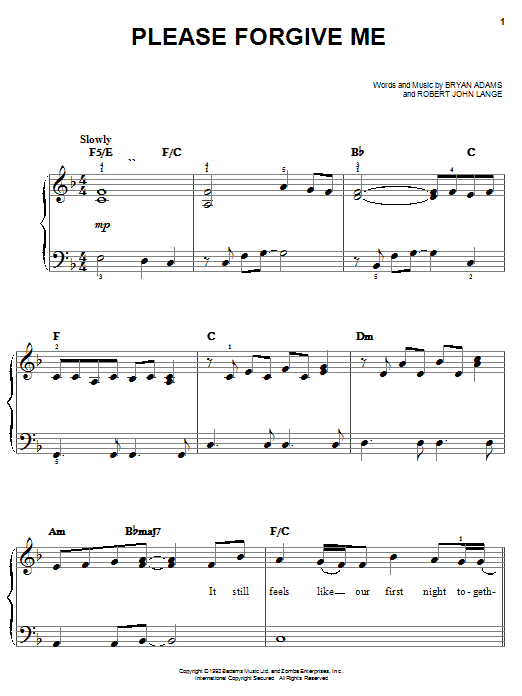 Learn to play Bryan Adams Please Forgive Me sheet music for Easy Piano in minutes. Bryan Adams Please Forgive Me sheet music notes and chords. Download Printable PDF.