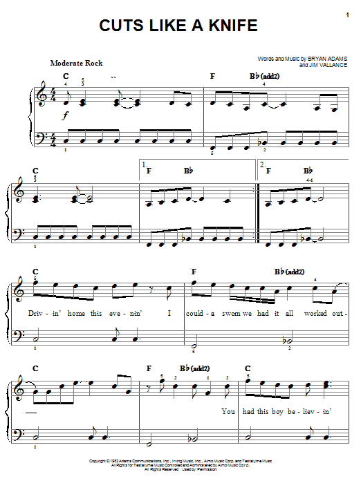 Learn to play Bryan Adams Cuts Like A Knife sheet music for Easy Piano in minutes. Bryan Adams Cuts Like A Knife sheet music notes and chords. Download Printable PDF.