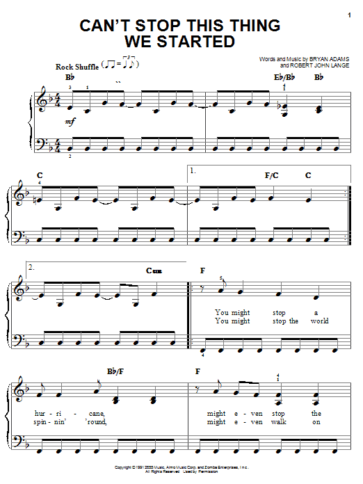 Learn to play Bryan Adams Can't Stop This Thing We Started sheet music for Easy Piano in minutes. Bryan Adams Can't Stop This Thing We Started sheet music notes and chords. Download Printable PDF.