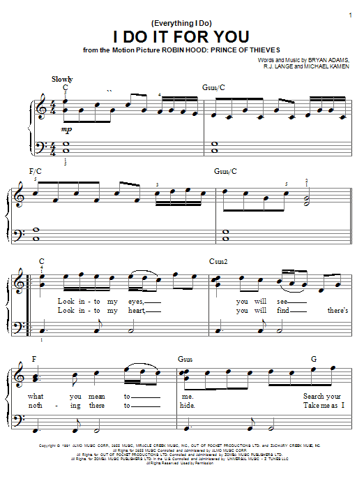 Learn to play Bryan Adams (Everything I Do) I Do It For You sheet music for Easy Piano in minutes. Bryan Adams (Everything I Do) I Do It For You sheet music notes and chords. Download Printable PDF.