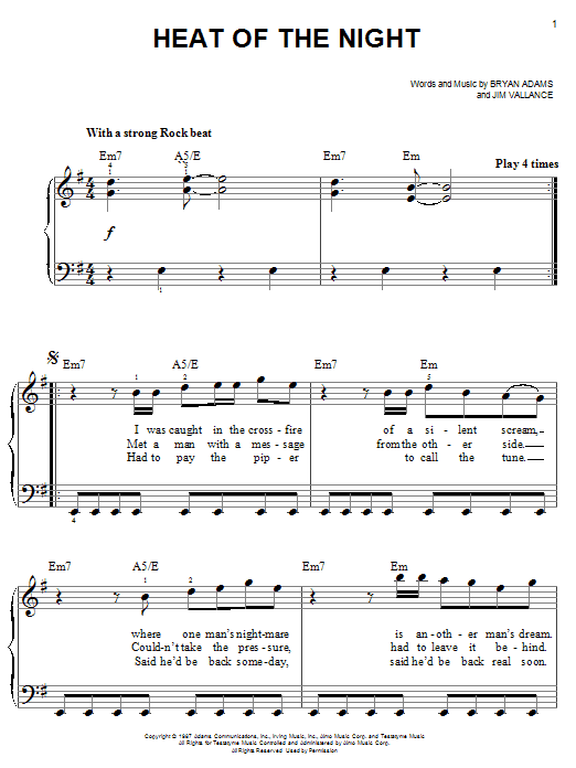 Learn to play Bryan Adams Heat Of The Night sheet music for Easy Piano in minutes. Bryan Adams Heat Of The Night sheet music notes and chords. Download Printable PDF.