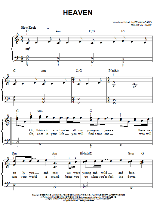 Learn to play Bryan Adams Heaven sheet music for Easy Piano in minutes. Bryan Adams Heaven sheet music notes and chords. Download Printable PDF.