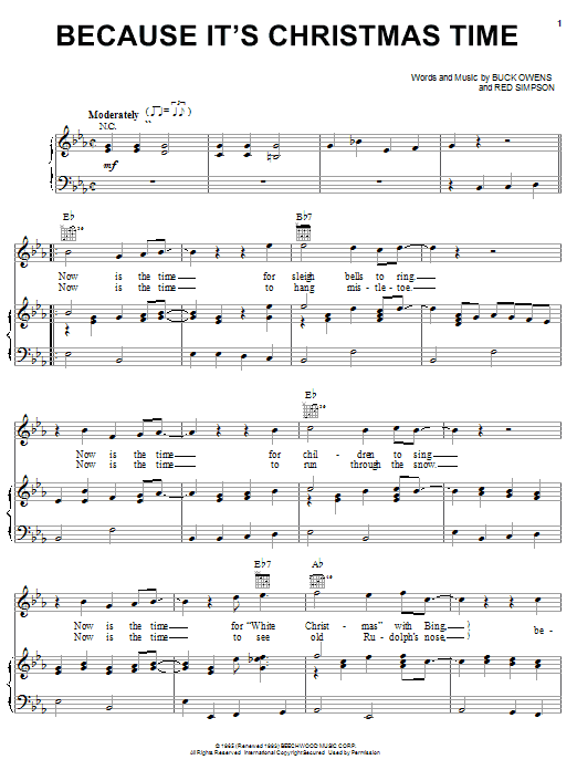 Learn to play Buck Owens Because It's Christmas Time sheet music for Piano, Vocal & Guitar (Right-Hand Melody) in minutes. Buck Owens Because It's Christmas Time sheet music notes and chords. Download Printable PDF.