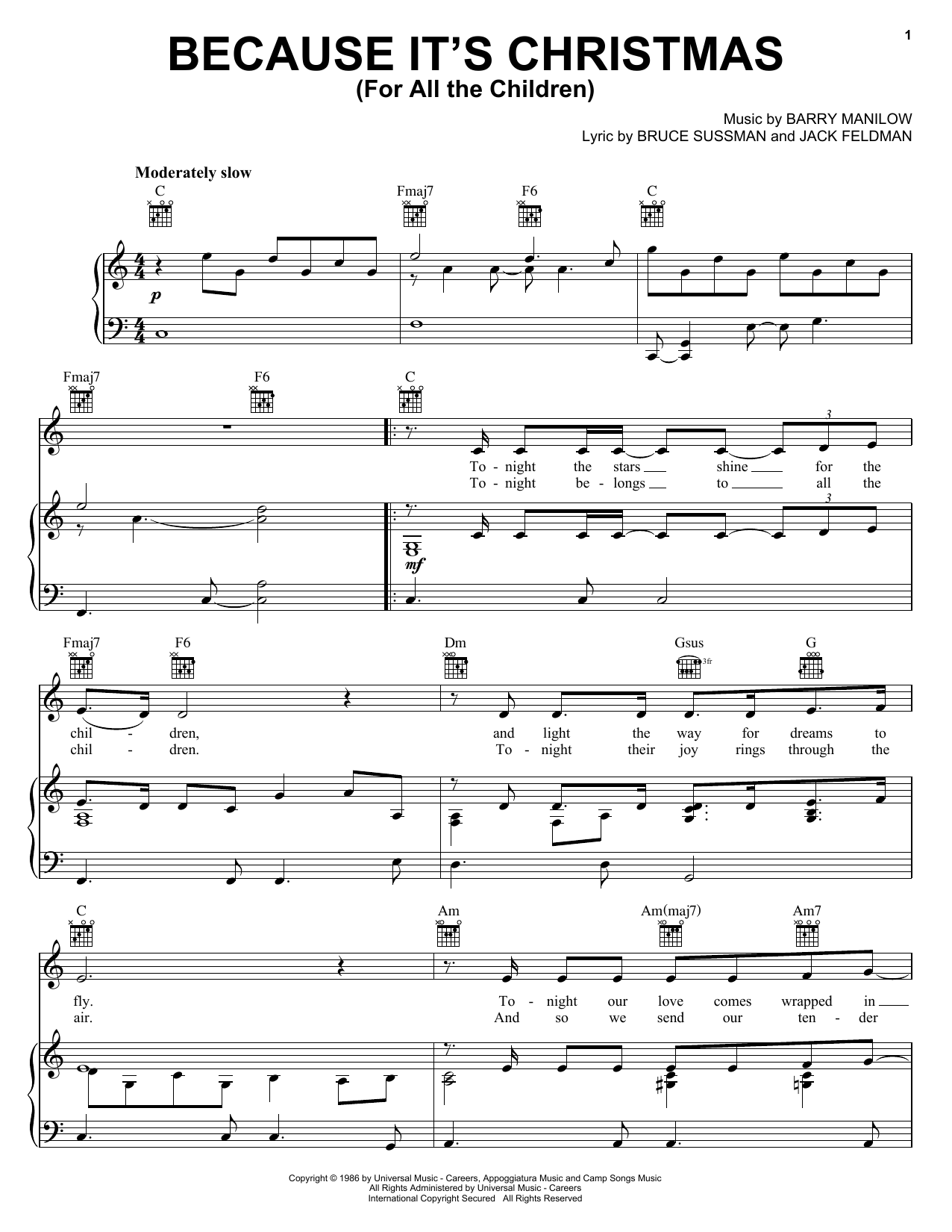 Learn to play Barry Manilow Because It's Christmas (For All The Children) sheet music for Piano, Vocal & Guitar (Right-Hand Melody) in minutes. Barry Manilow Because It's Christmas (For All The Children) sheet music notes and chords. Download Printable PDF.