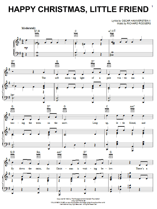 Learn to play Rodgers & Hammerstein Happy Christmas, Little Friend sheet music for Piano, Vocal & Guitar (Right-Hand Melody) in minutes. Rodgers & Hammerstein Happy Christmas, Little Friend sheet music notes and chords. Download Printable PDF.