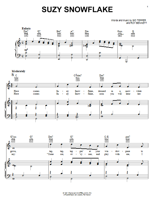 Learn to play Rosemary Clooney Suzy Snowflake sheet music for Piano, Vocal & Guitar (Right-Hand Melody) in minutes. Rosemary Clooney Suzy Snowflake sheet music notes and chords. Download Printable PDF.