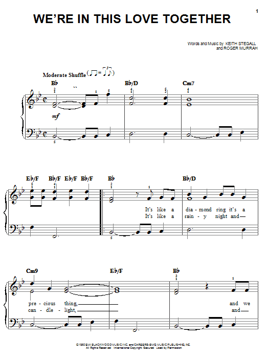 Learn to play Al Jarreau We're In This Love Together sheet music for Easy Piano in minutes. Al Jarreau We're In This Love Together sheet music notes and chords. Download Printable PDF.