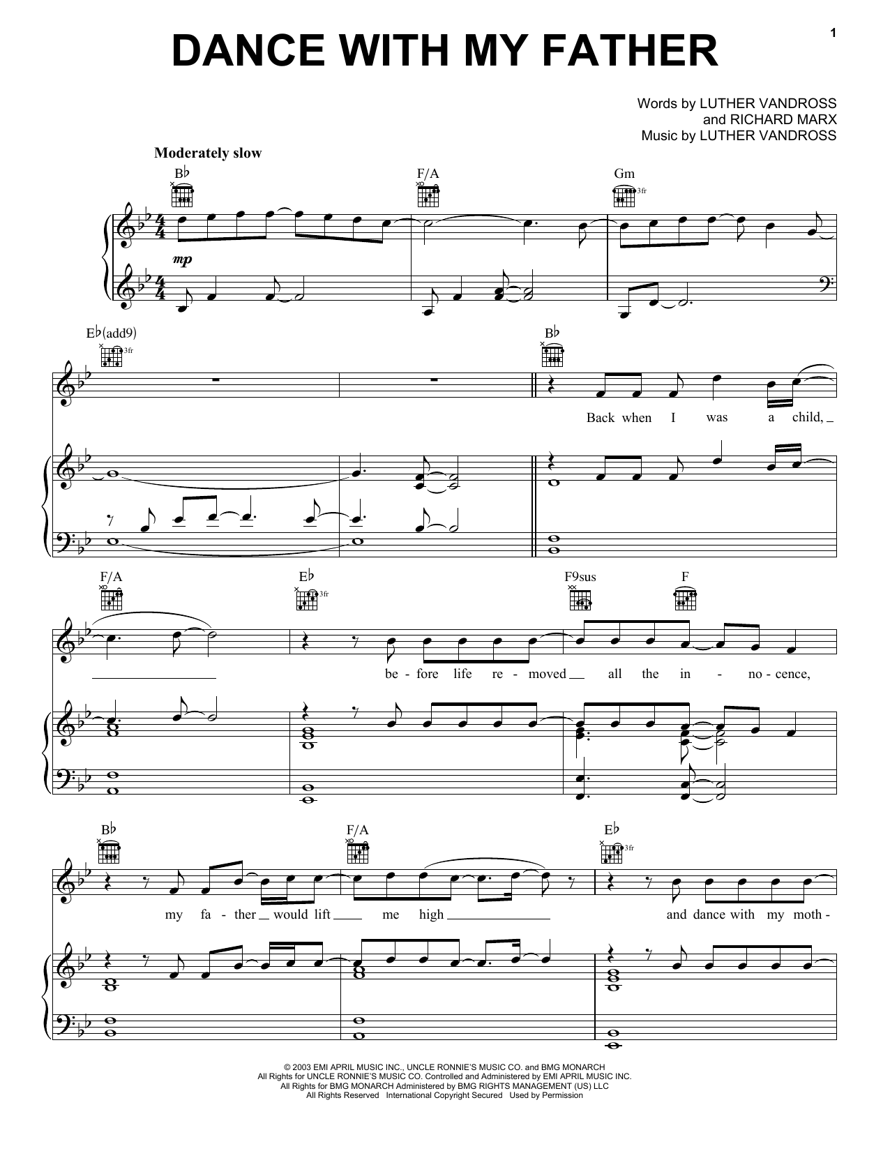 Learn to play Luther Vandross Dance With My Father sheet music for Piano, Vocal & Guitar (Right-Hand Melody) in minutes. Luther Vandross Dance With My Father sheet music notes and chords. Download Printable PDF.