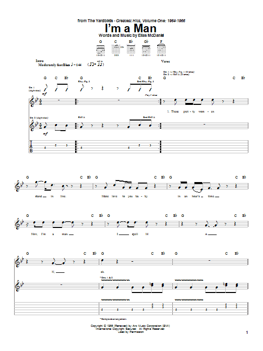 Learn to play The Yardbirds I'm A Man sheet music for Guitar Tab in minutes. The Yardbirds I'm A Man sheet music notes and chords. Download Printable PDF.