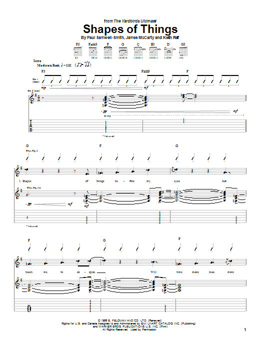 Learn to play The Yardbirds Shapes Of Things sheet music for Guitar Tab in minutes. The Yardbirds Shapes Of Things sheet music notes and chords. Download Printable PDF.