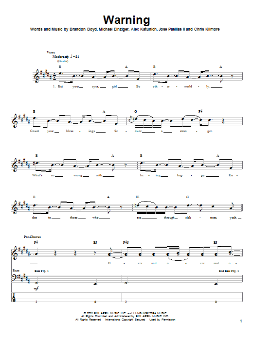 Learn to play Incubus Warning sheet music for Bass Guitar Tab in minutes. Incubus Warning sheet music notes and chords. Download Printable PDF.