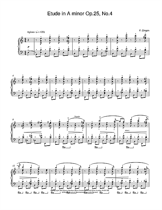Learn to play Frederic Chopin Etude in A Minor, Op.25, No.4 sheet music for Piano in minutes. Frederic Chopin Etude in A Minor, Op.25, No.4 sheet music notes and chords. Download Printable PDF.