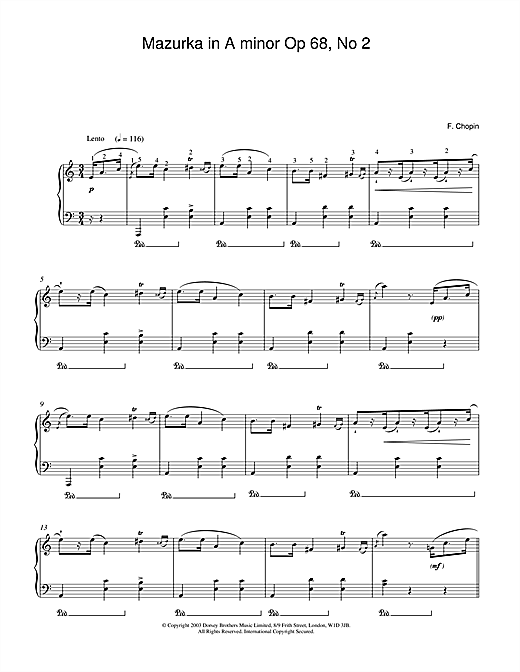 Learn to play Frederic Chopin Mazurka in A minor Op.68, No.2 sheet music for Piano in minutes. Frederic Chopin Mazurka in A minor Op.68, No.2 sheet music notes and chords. Download Printable PDF.