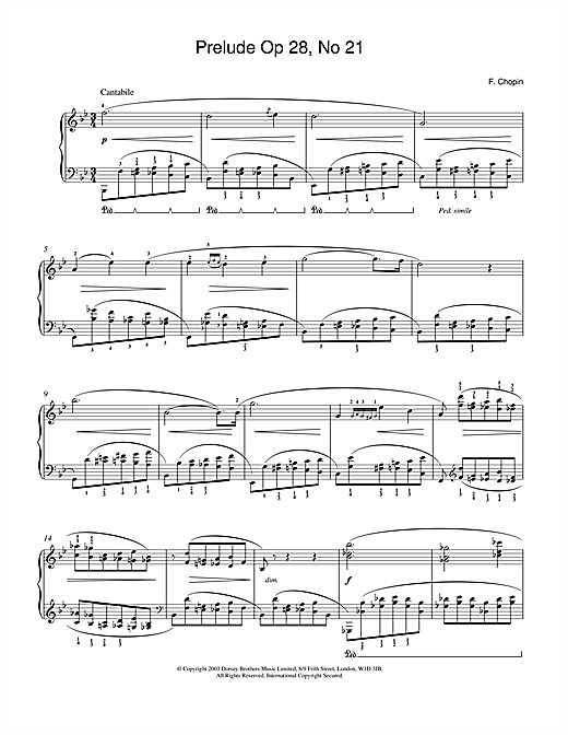 Learn to play Frederic Chopin Prelude in B Flat Major, Op.28, No.21 sheet music for Piano in minutes. Frederic Chopin Prelude in B Flat Major, Op.28, No.21 sheet music notes and chords. Download Printable PDF.