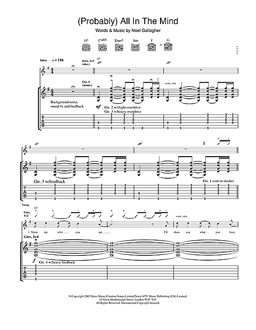 Learn to play Oasis (Probably) All In The Mind sheet music for Guitar Tab in minutes. Oasis (Probably) All In The Mind sheet music notes and chords. Download Printable PDF.
