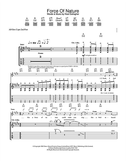 Learn to play Oasis Force Of Nature sheet music for Guitar Tab in minutes. Oasis Force Of Nature sheet music notes and chords. Download Printable PDF.