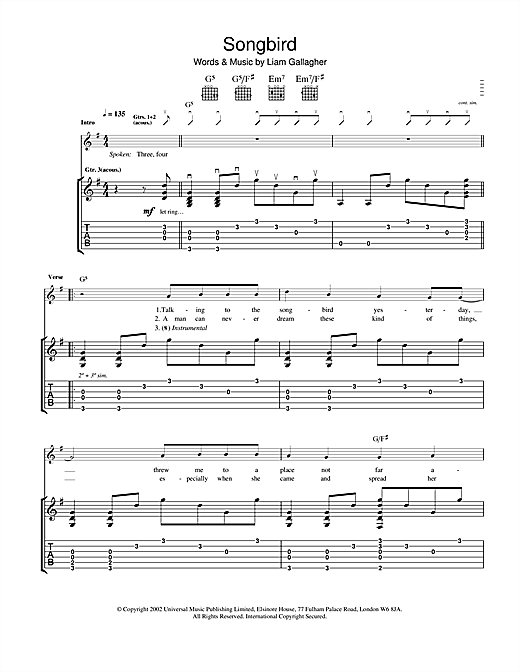 Learn to play Oasis Songbird sheet music for Guitar Tab in minutes. Oasis Songbird sheet music notes and chords. Download Printable PDF.