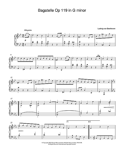Learn to play Ludwig van Beethoven Bagatelle In G Minor, Op. 119, No. 1 sheet music for Piano in minutes. Ludwig van Beethoven Bagatelle In G Minor, Op. 119, No. 1 sheet music notes and chords. Download Printable PDF.