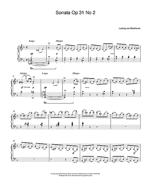 Learn to play Ludwig van Beethoven Sonata Op.31 No.2 sheet music for Piano in minutes. Ludwig van Beethoven Sonata Op.31 No.2 sheet music notes and chords. Download Printable PDF.