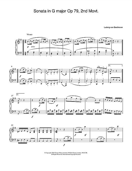 Learn to play Ludwig van Beethoven Sonata in G major Op. 79, 2nd Movement sheet music for Piano in minutes. Ludwig van Beethoven Sonata in G major Op. 79, 2nd Movement sheet music notes and chords. Download Printable PDF.