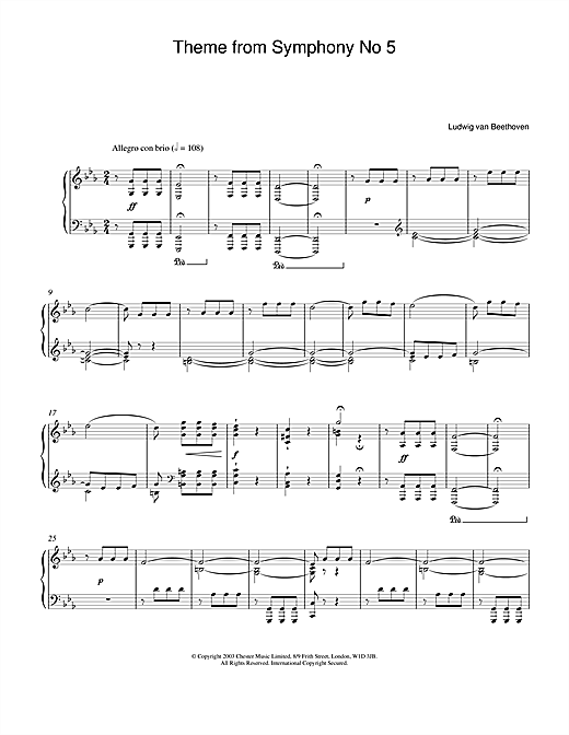 Learn to play Ludwig van Beethoven Theme from Symphony No. 5, Op. 67 (1st Movement) sheet music for Piano in minutes. Ludwig van Beethoven Theme from Symphony No. 5, Op. 67 (1st Movement) sheet music notes and chords. Download Printable PDF.