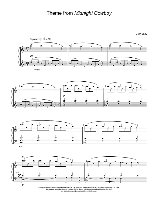Learn to play John Barry Theme from Midnight Cowboy sheet music for Piano in minutes. John Barry Theme from Midnight Cowboy sheet music notes and chords. Download Printable PDF.