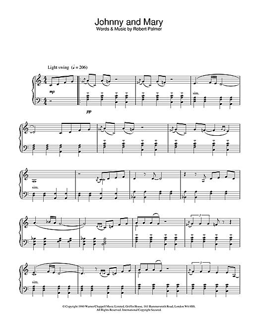 Learn to play Robert Palmer Johnny and Mary sheet music for Piano in minutes. Robert Palmer Johnny and Mary sheet music notes and chords. Download Printable PDF.
