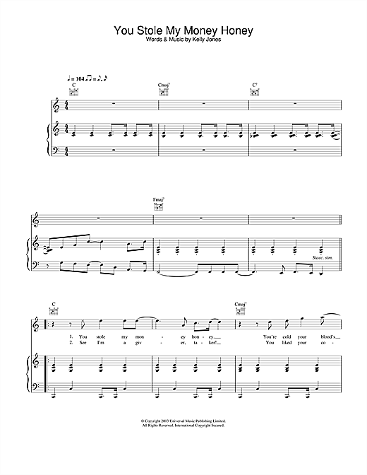 Learn to play Stereophonics You Stole My Money Honey sheet music for Piano, Vocal & Guitar in minutes. Stereophonics You Stole My Money Honey sheet music notes and chords. Download Printable PDF.