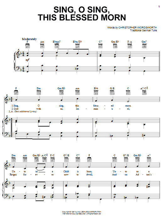 Learn to play Christopher Wordsworth Sing, O Sing, This Blessed Morn sheet music for Piano, Vocal & Guitar (Right-Hand Melody) in minutes. Christopher Wordsworth Sing, O Sing, This Blessed Morn sheet music notes and chords. Download Printable PDF.