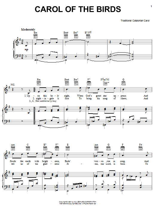 Learn to play Traditional Carol Carol Of The Birds sheet music for Piano, Vocal & Guitar (Right-Hand Melody) in minutes. Traditional Carol Carol Of The Birds sheet music notes and chords. Download Printable PDF.
