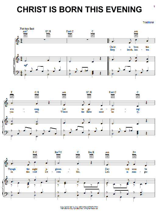 Learn to play Traditional Carol Christ Is Born This Evening sheet music for Piano, Vocal & Guitar (Right-Hand Melody) in minutes. Traditional Carol Christ Is Born This Evening sheet music notes and chords. Download Printable PDF.