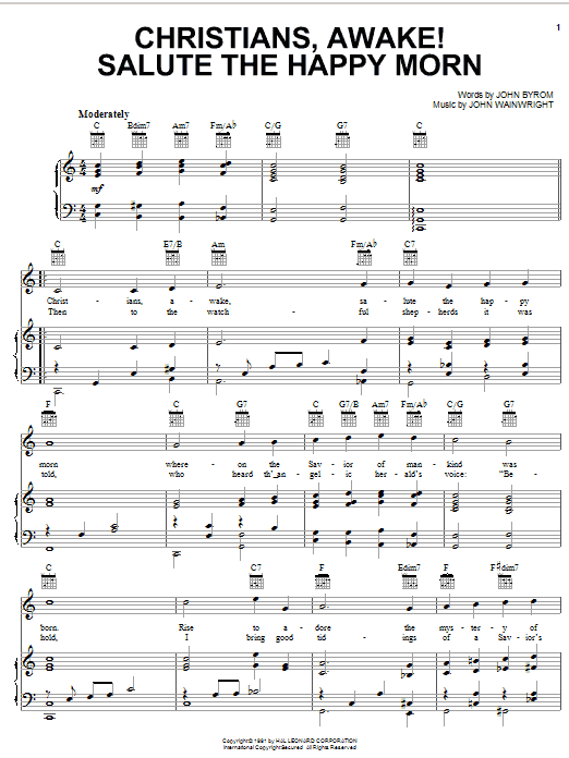 Learn to play Traditional Carol Christians, Awake! Salute The Happy Morn sheet music for Piano, Vocal & Guitar (Right-Hand Melody) in minutes. Traditional Carol Christians, Awake! Salute The Happy Morn sheet music notes and chords. Download Printable PDF.