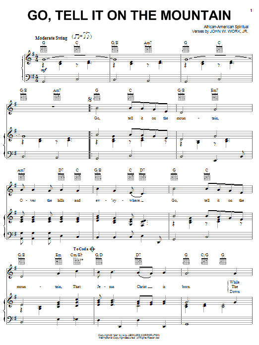 Learn to play African-American Spiritual Go, Tell It On The Mountain sheet music for Piano, Vocal & Guitar (Right-Hand Melody) in minutes. African-American Spiritual Go, Tell It On The Mountain sheet music notes and chords. Download Printable PDF.