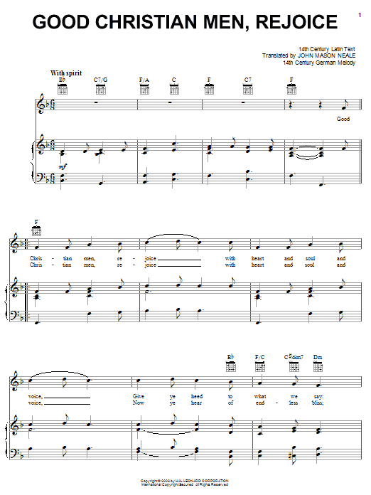Learn to play John Mason Neale Good Christian Men, Rejoice sheet music for Piano, Vocal & Guitar (Right-Hand Melody) in minutes. John Mason Neale Good Christian Men, Rejoice sheet music notes and chords. Download Printable PDF.