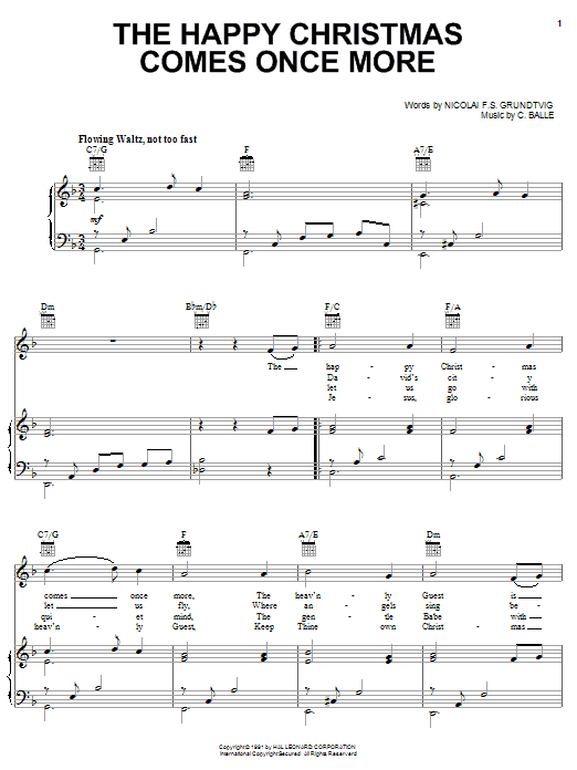 Learn to play Nikolai F.S. Grundtvig The Happy Christmas Comes Once More sheet music for Piano, Vocal & Guitar (Right-Hand Melody) in minutes. Nikolai F.S. Grundtvig The Happy Christmas Comes Once More sheet music notes and chords. Download Printable PDF.