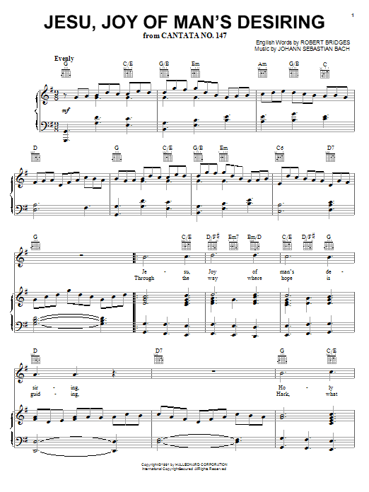 Learn to play J.S. Bach Jesu, Joy Of Man's Desiring sheet music for Piano, Vocal & Guitar (Right-Hand Melody) in minutes. J.S. Bach Jesu, Joy Of Man's Desiring sheet music notes and chords. Download Printable PDF.