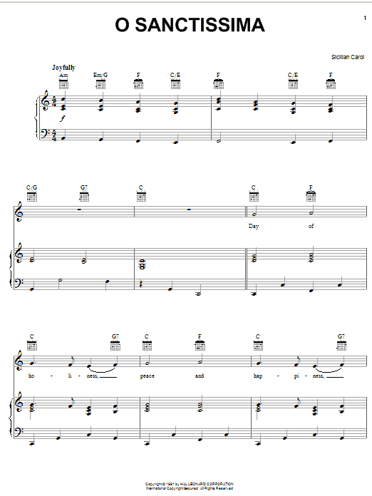 Learn to play Traditional Carol O Sanctissima sheet music for Piano, Vocal & Guitar (Right-Hand Melody) in minutes. Traditional Carol O Sanctissima sheet music notes and chords. Download Printable PDF.