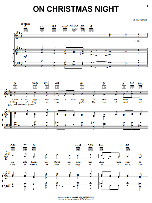 Learn to play Traditional Carol On Christmas Night sheet music for Piano, Vocal & Guitar (Right-Hand Melody) in minutes. Traditional Carol On Christmas Night sheet music notes and chords. Download Printable PDF.