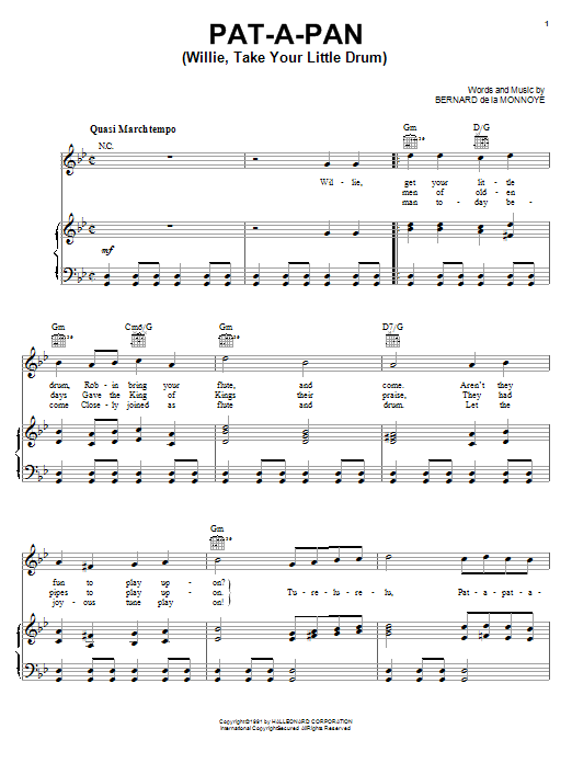 Learn to play Bernard de la Monnoye Pat-A-Pan (Willie, Take Your Little Drum) sheet music for Piano, Vocal & Guitar (Right-Hand Melody) in minutes. Bernard de la Monnoye Pat-A-Pan (Willie, Take Your Little Drum) sheet music notes and chords. Download Printable PDF.