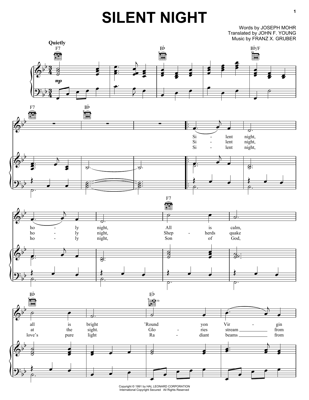 Learn to play Franz Gruber Silent Night sheet music for Piano, Vocal & Guitar (Right-Hand Melody) in minutes. Franz Gruber Silent Night sheet music notes and chords. Download Printable PDF.