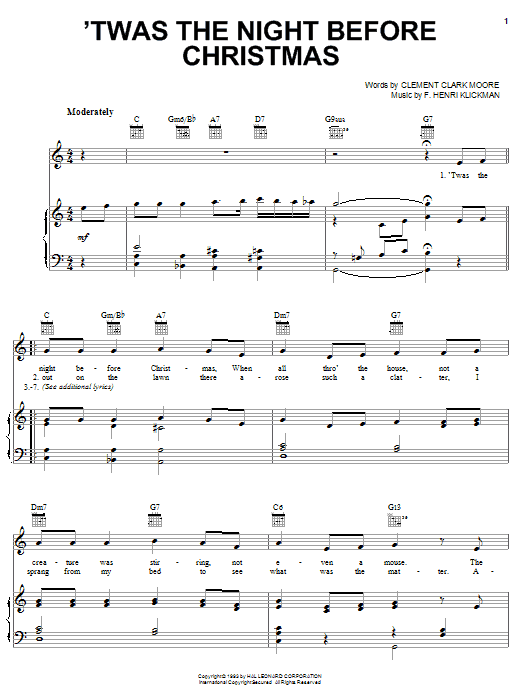 Learn to play Clement Clark Moore 'Twas The Night Before Christmas sheet music for Piano, Vocal & Guitar (Right-Hand Melody) in minutes. Clement Clark Moore 'Twas The Night Before Christmas sheet music notes and chords. Download Printable PDF.
