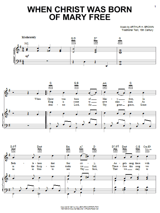 Learn to play Arthur H. Brown When Christ Was Born Of Mary Free sheet music for Piano, Vocal & Guitar (Right-Hand Melody) in minutes. Arthur H. Brown When Christ Was Born Of Mary Free sheet music notes and chords. Download Printable PDF.