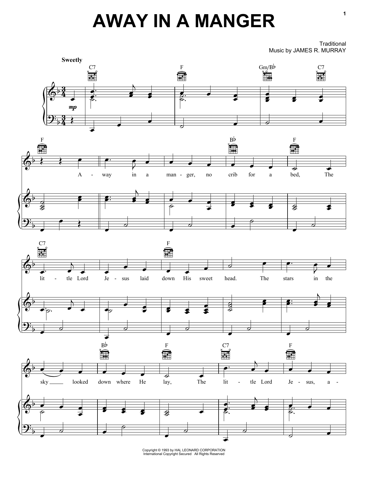 Learn to play Traditional Away In A Manger sheet music for Piano, Vocal & Guitar (Right-Hand Melody) in minutes. Traditional Away In A Manger sheet music notes and chords. Download Printable PDF.