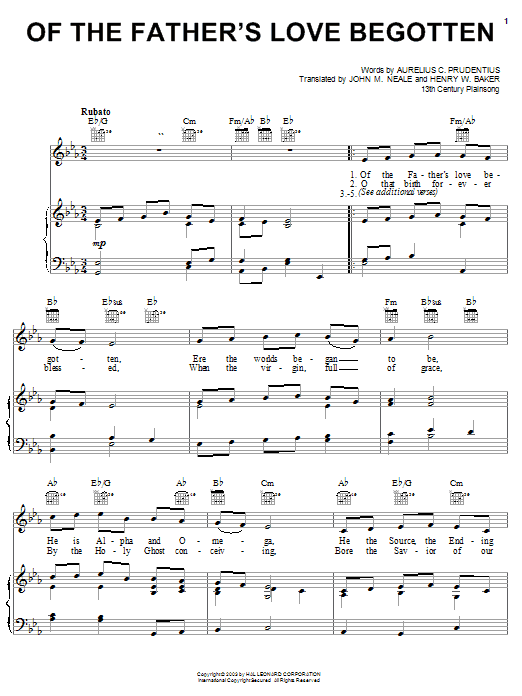 Learn to play Aurelius C. Prudentius Of The Father's Love Begotten sheet music for Piano, Vocal & Guitar (Right-Hand Melody) in minutes. Aurelius C. Prudentius Of The Father's Love Begotten sheet music notes and chords. Download Printable PDF.