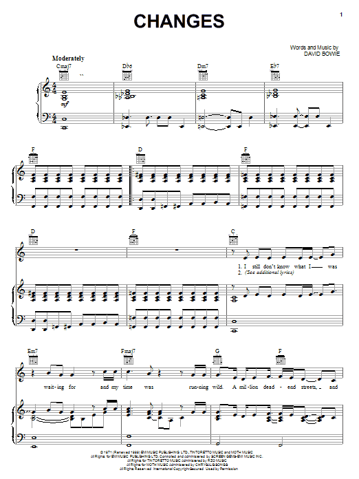 Learn to play David Bowie Changes sheet music for Piano, Vocal & Guitar (Right-Hand Melody) in minutes. David Bowie Changes sheet music notes and chords. Download Printable PDF.